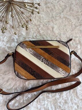 Fossil Diagonal Stripe Leather Crossbody in Brown, Cream & Tan